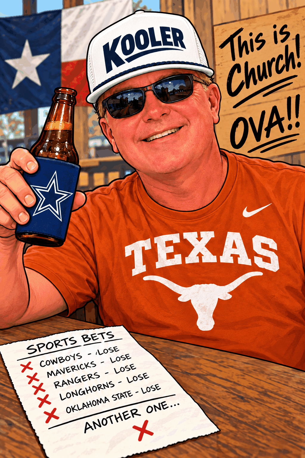 Kooler in his KOOLER hat and Texas shirt, raising a beer next to a list of losing bets